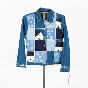 Womens Snowman Winter Holiday Embroidered Denim Jacket Corduroy Patchwork Beaded